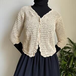 Vintage knit cream cardigan cropped top Earthy fairycore cottagecore‎ L/M